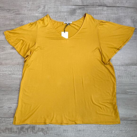 Green Envelope Yellow Flutter Sleeve Blouse 2X Plus Top V-neck Loose Split Hem - Picture 3 of 6